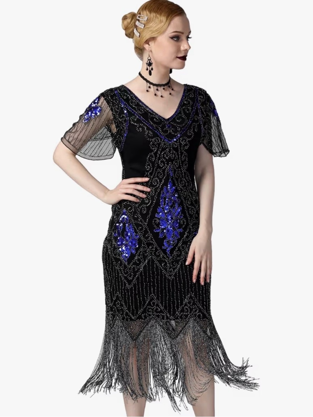Pretty Guide Black Sequin Beaded Fringe Flapper Art Deco Gatsby Dress 3XL